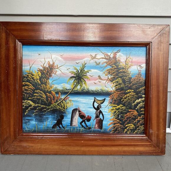Original Signed Realism Oil On Canvas African Woman Lake Landscape Signed Framed